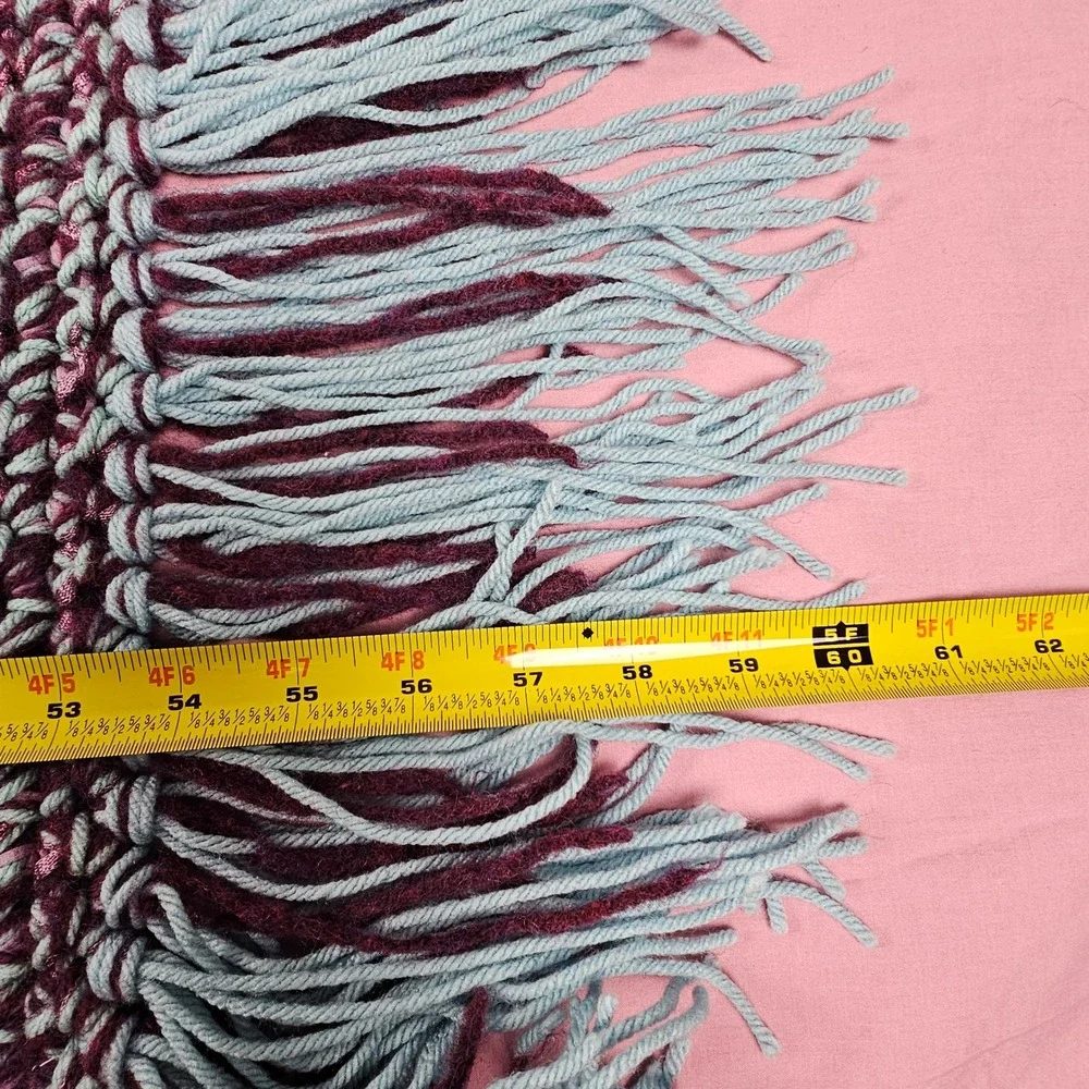 Handmade Crochet Blanket Throw Burgundy Teal Fringe Cozy Afghan‎ Home Decor Gift